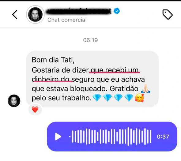 Mensagem de aluna pelo WhatsApp
